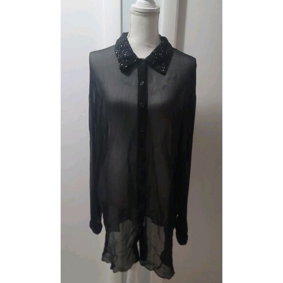 Harrison Morgan Silk Black Sheer Womans Blouse With Beaded Collar & Trim Size XL - Picture 1 of 11